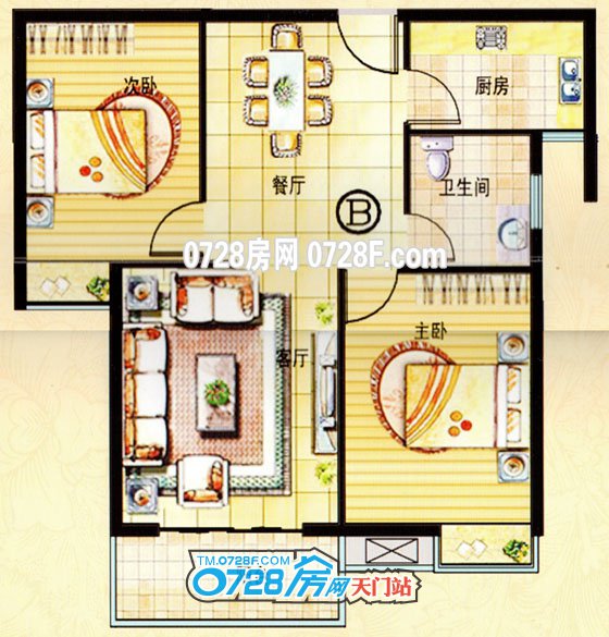 B户型，二室二厅一卫89.98²，一家三口幸福之家